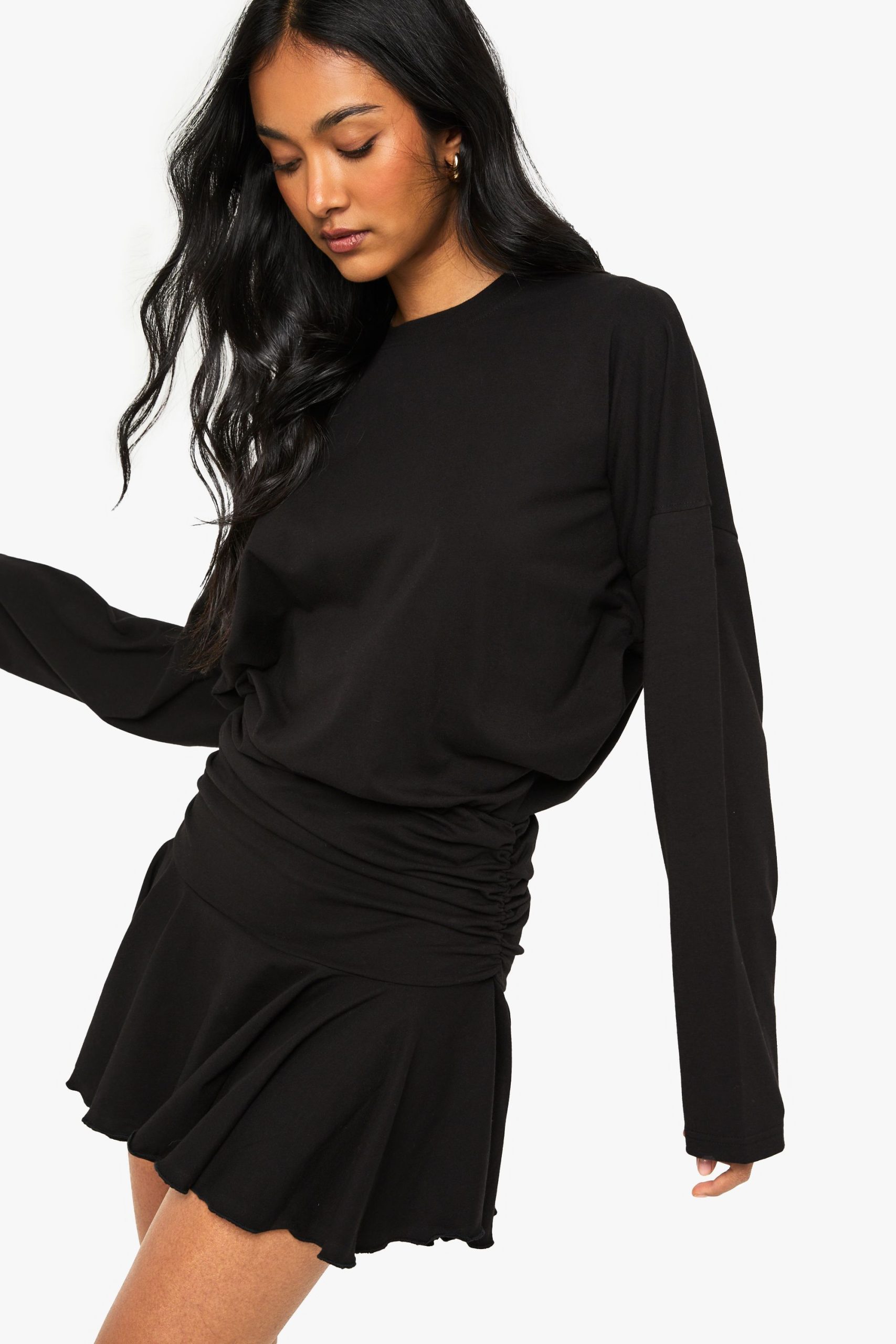 Long Sleeve Ruched Drop Waist T-shirt Dress