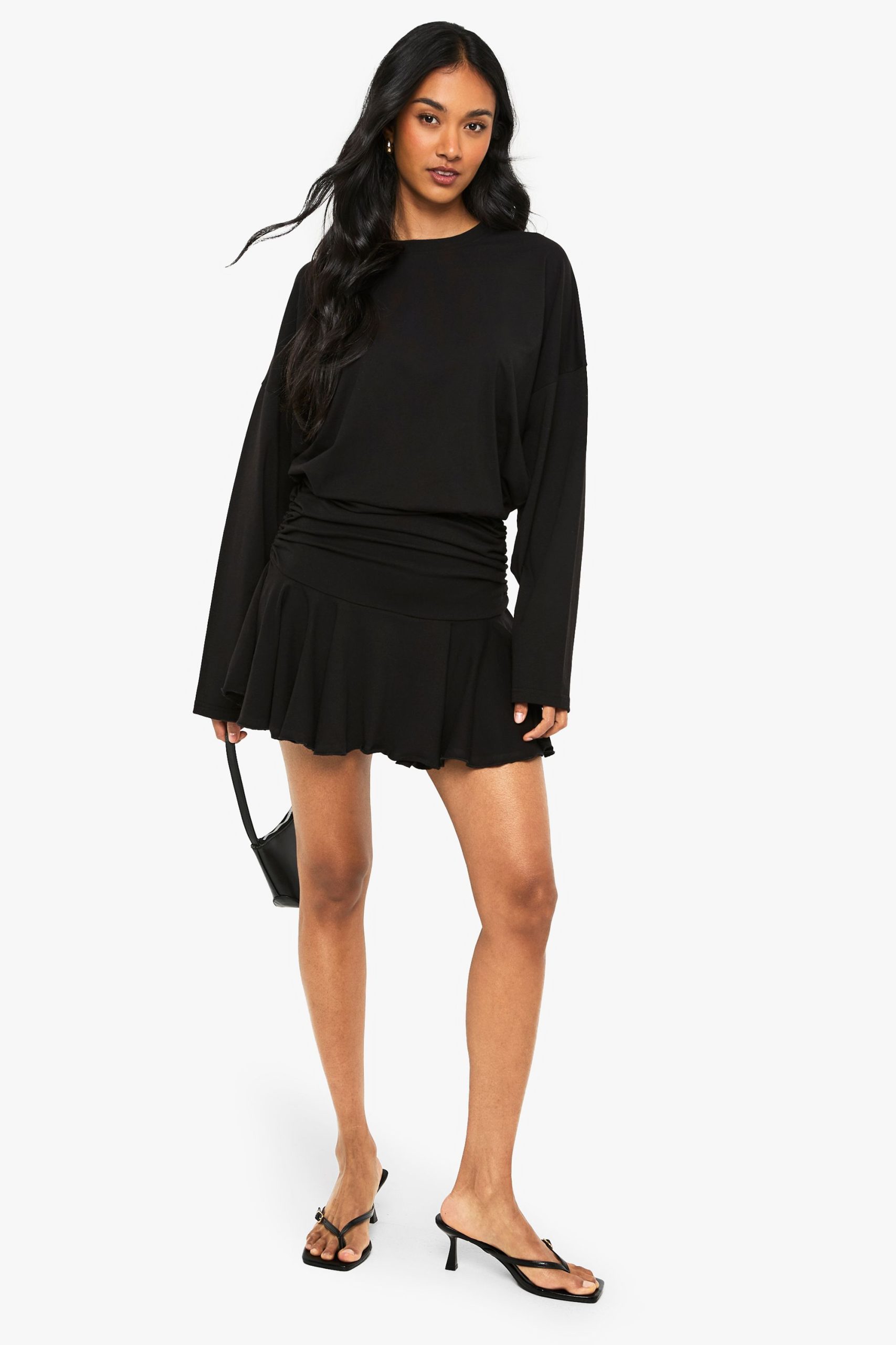 Long Sleeve Ruched Drop Waist T-shirt Dress - Image 3