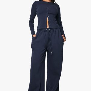 Rib Button Through Long Sleeve Top Tracksuit
