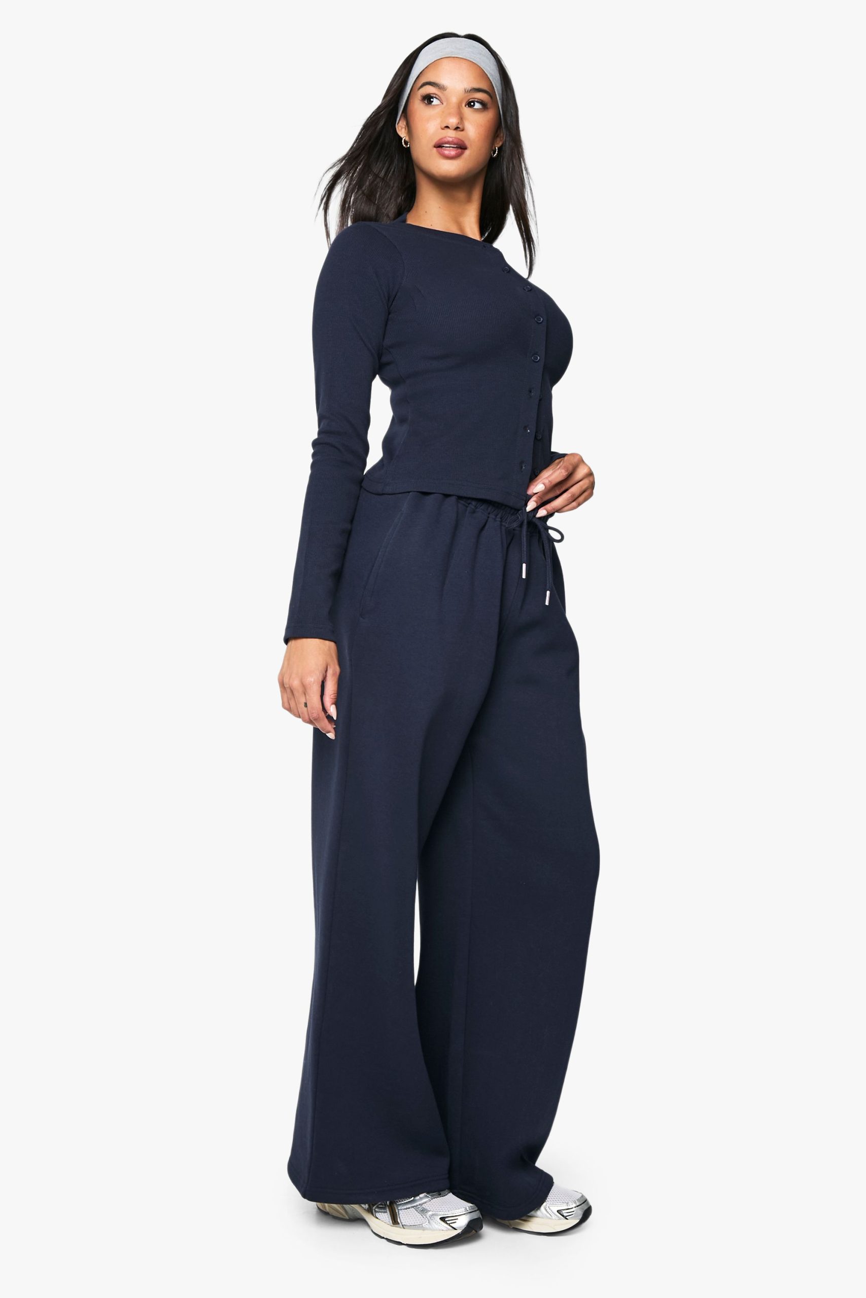 Rib Button Through Long Sleeve Top Tracksuit - Image 3