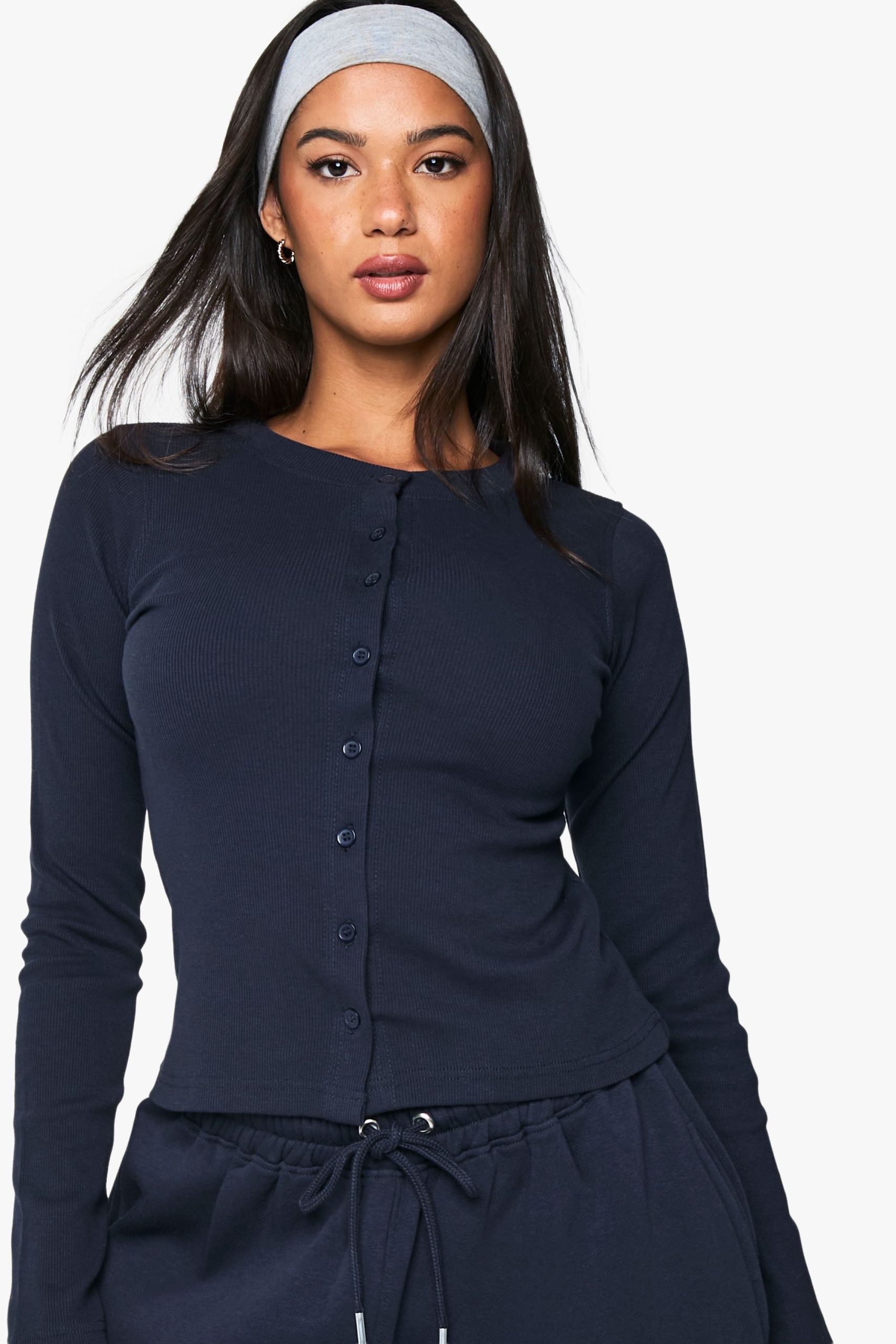 Rib Button Through Long Sleeve Top Tracksuit - Image 4