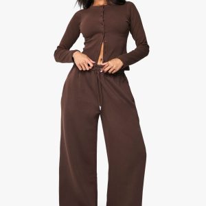 Rib Button Through Long Sleeve Top Tracksuit