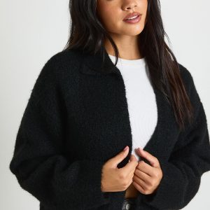 Brushed Knit Collared Pocket Detail Cardigan