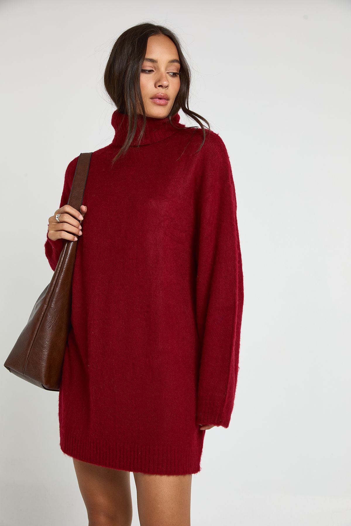 Super Soft Brushed Knit Roll Neck Mini Dress