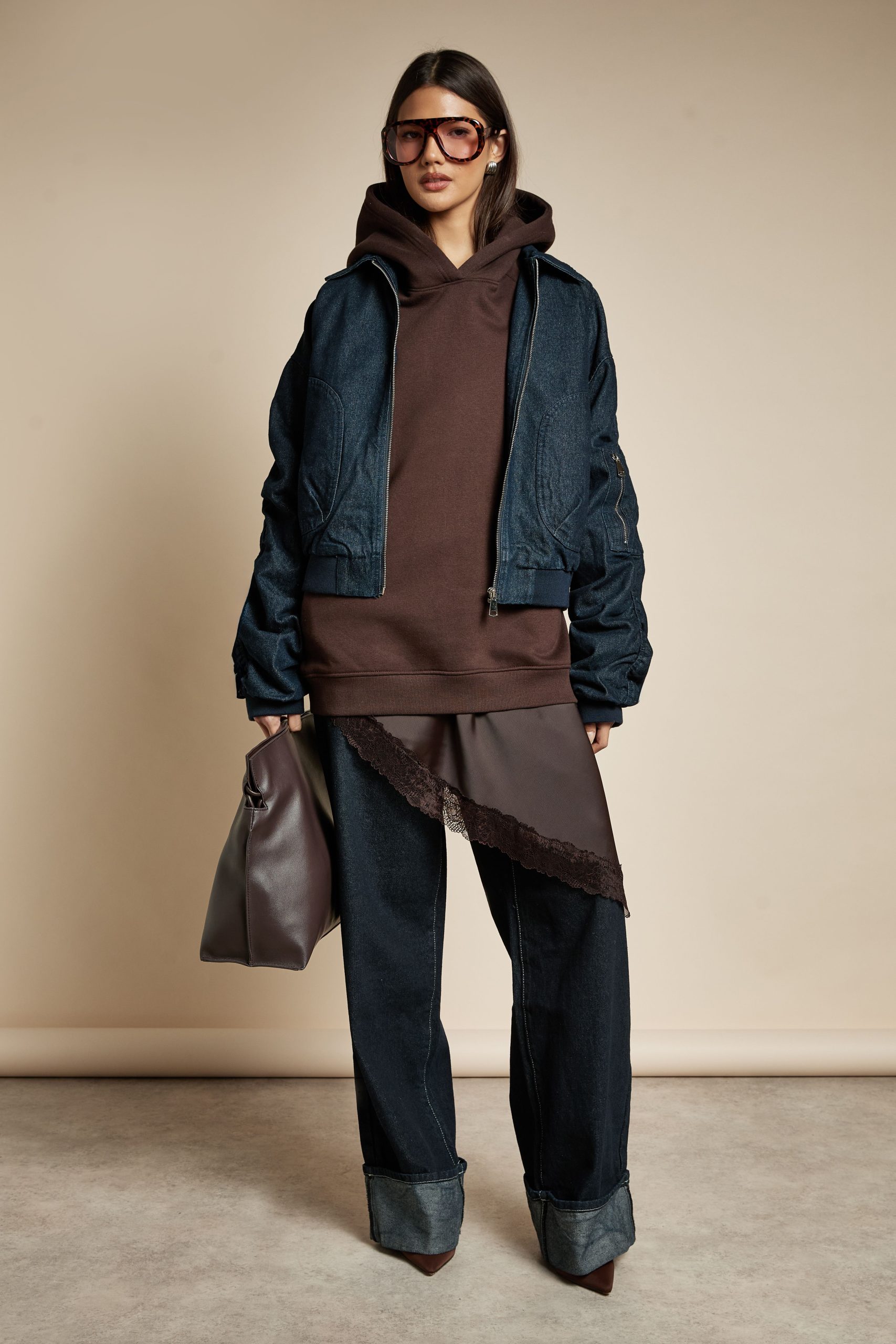 Ruched Sleeve Denim Bomber Jacket