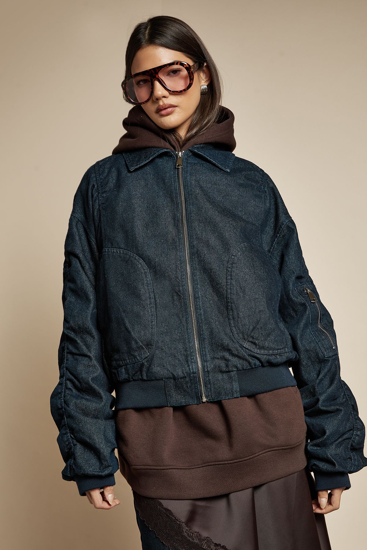 Ruched Sleeve Denim Bomber Jacket - Image 2