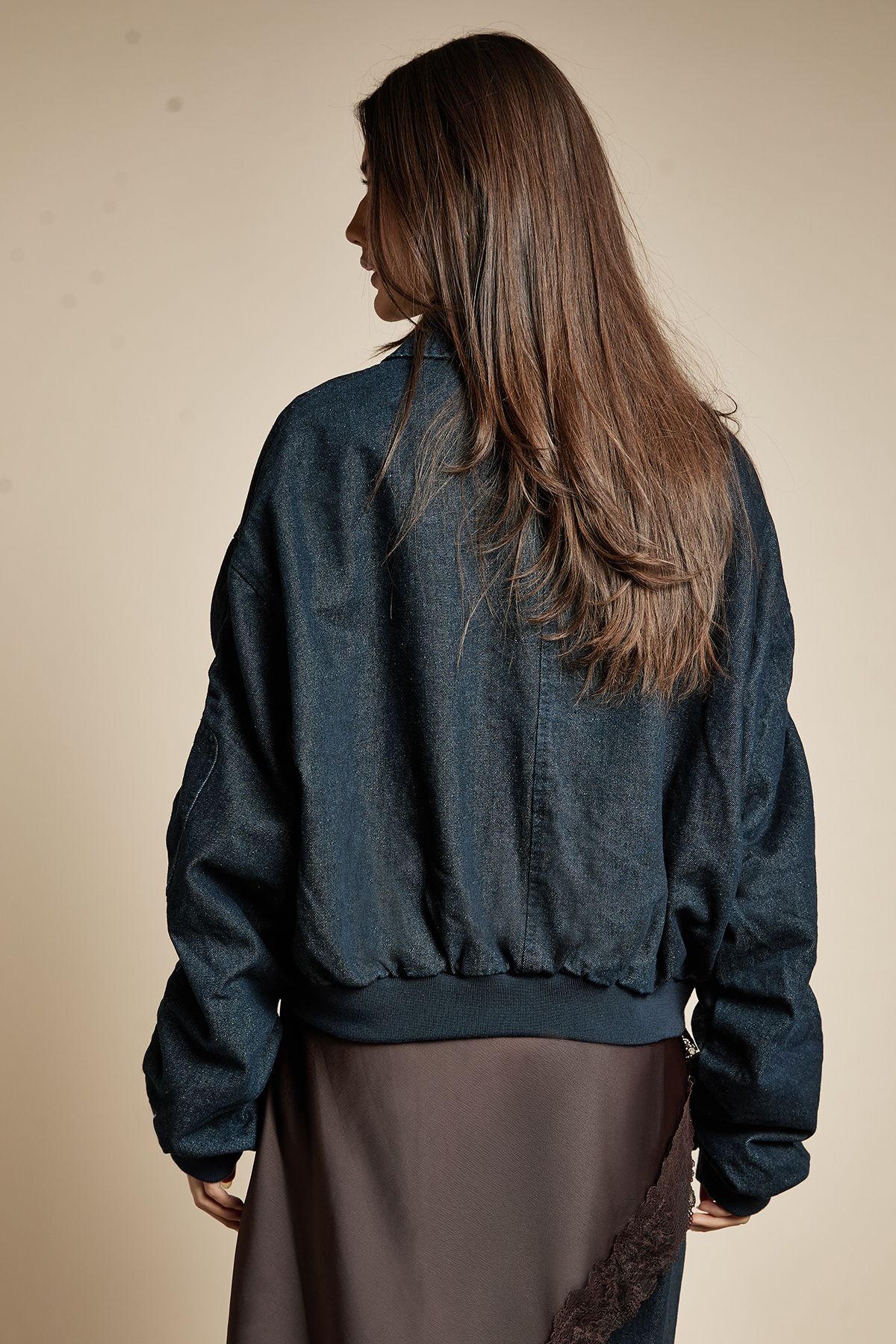 Ruched Sleeve Denim Bomber Jacket - Image 3
