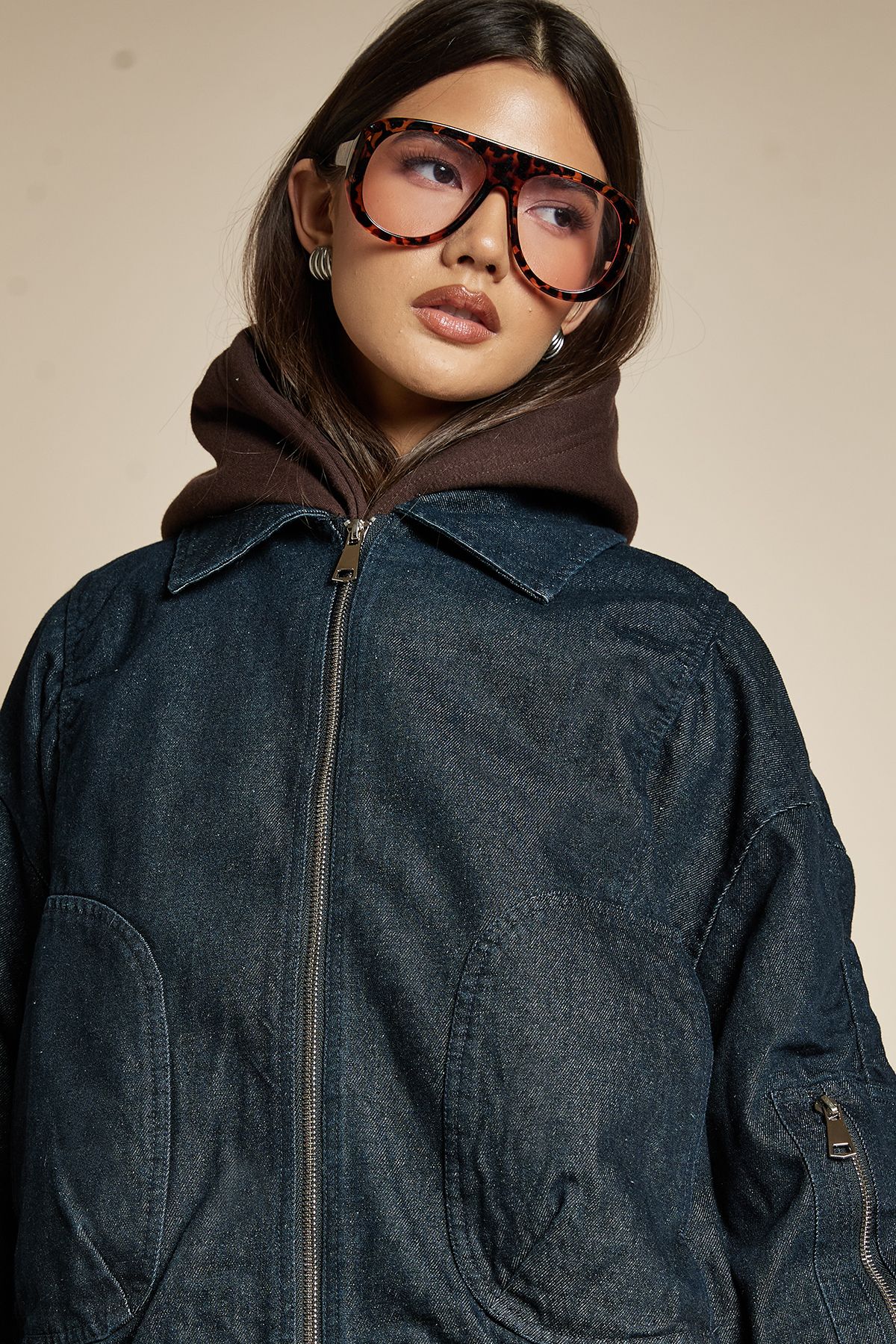 Ruched Sleeve Denim Bomber Jacket - Image 4