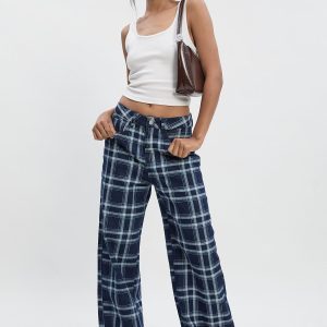 High Waist Checked Denim Wide Leg Jean