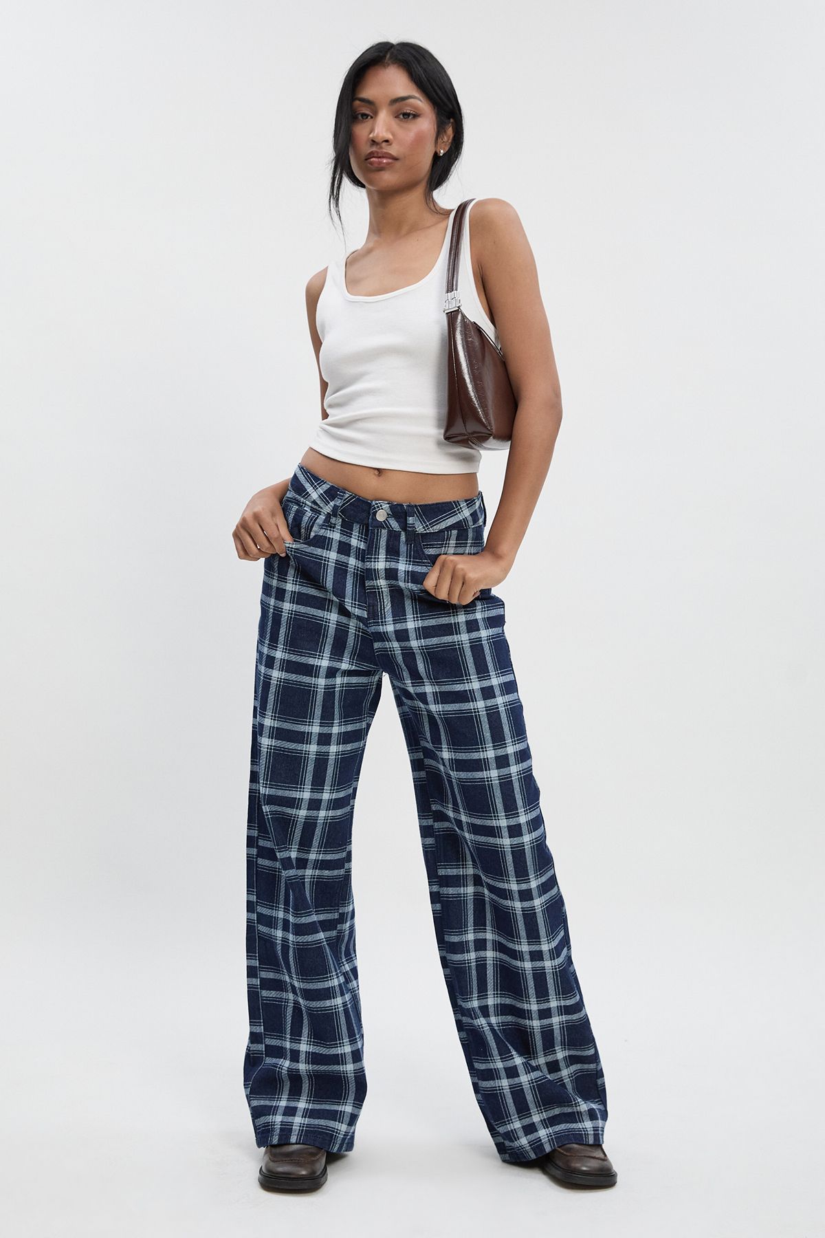 High Waist Checked Denim Wide Leg Jean