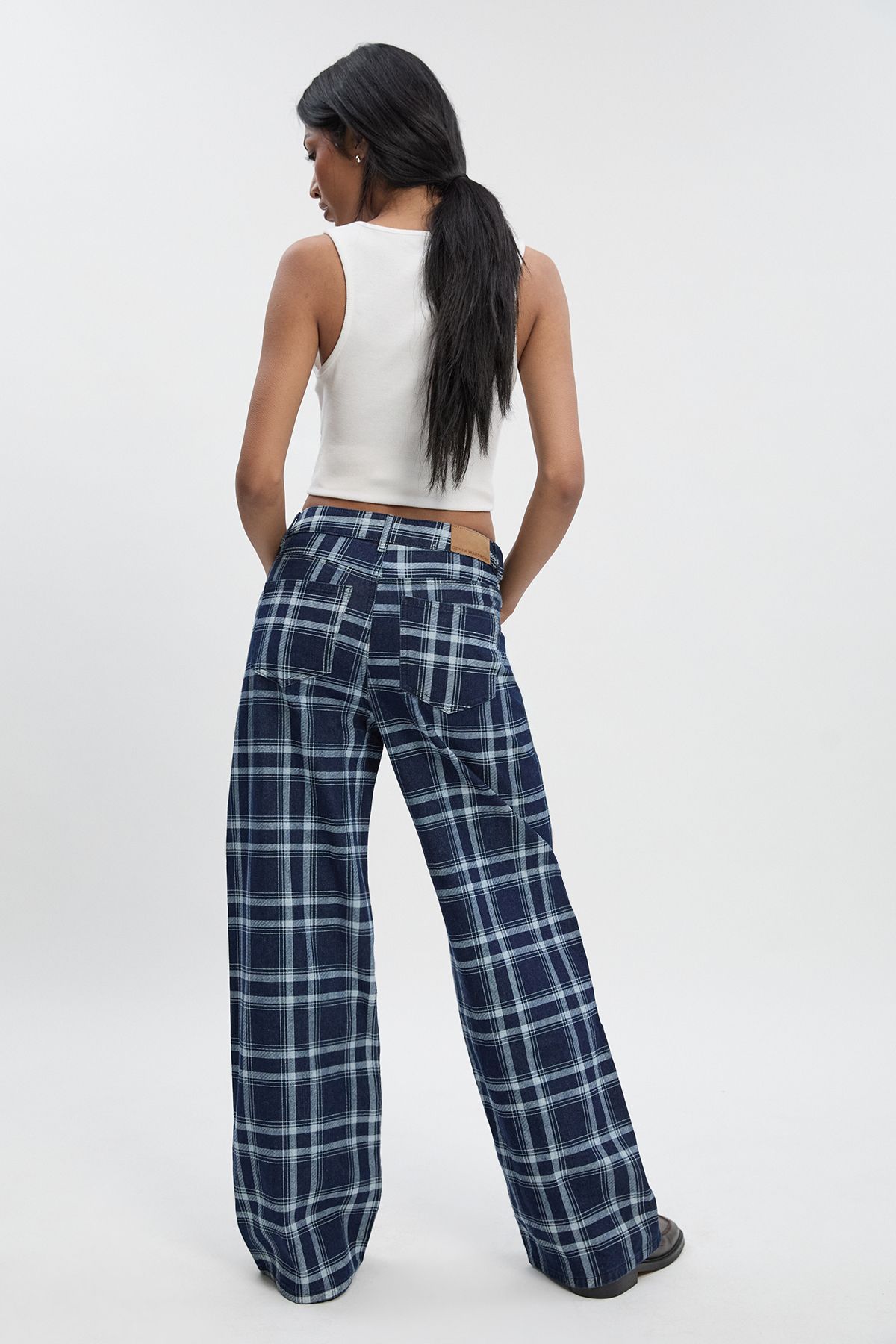 High Waist Checked Denim Wide Leg Jean - Image 2