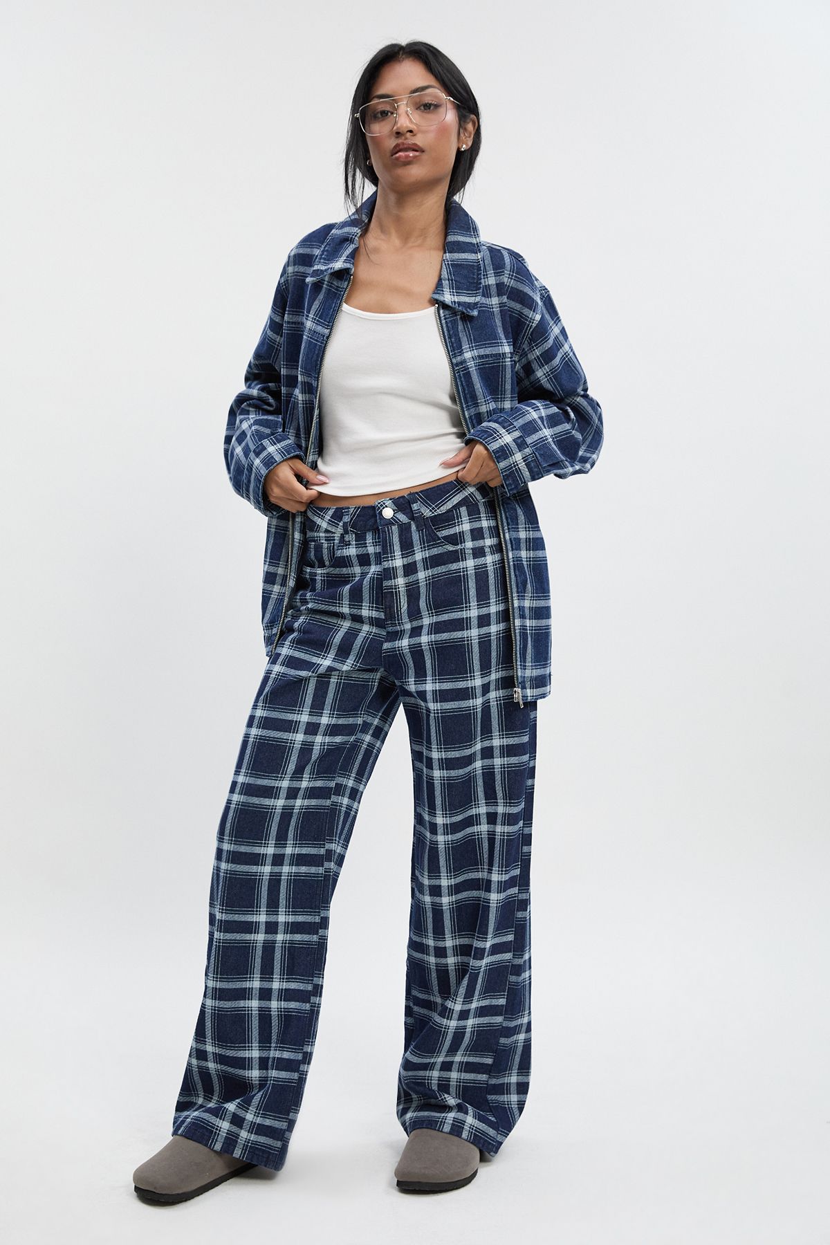 High Waist Checked Denim Wide Leg Jean - Image 3