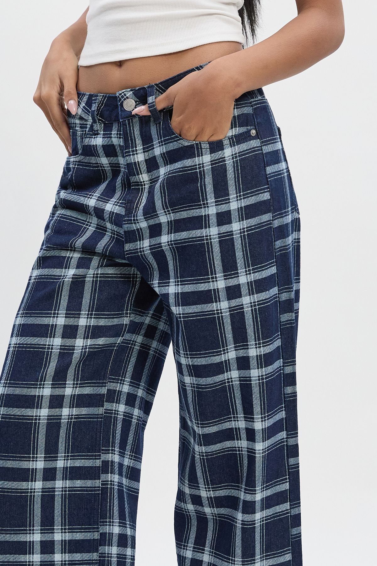 High Waist Checked Denim Wide Leg Jean - Image 4
