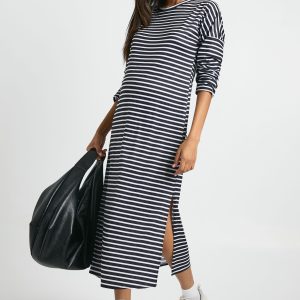 Maternity Long Sleeve Split Hem Striped Dress
