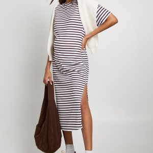 Maternity Short Sleeve Split Hem Striped Dress