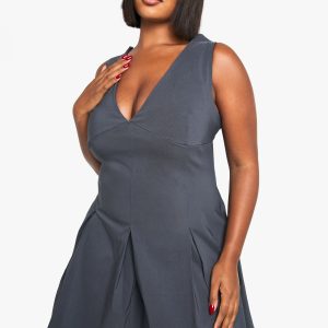 Plus Bengaline Plunge Pleated Skirt Mini Dress