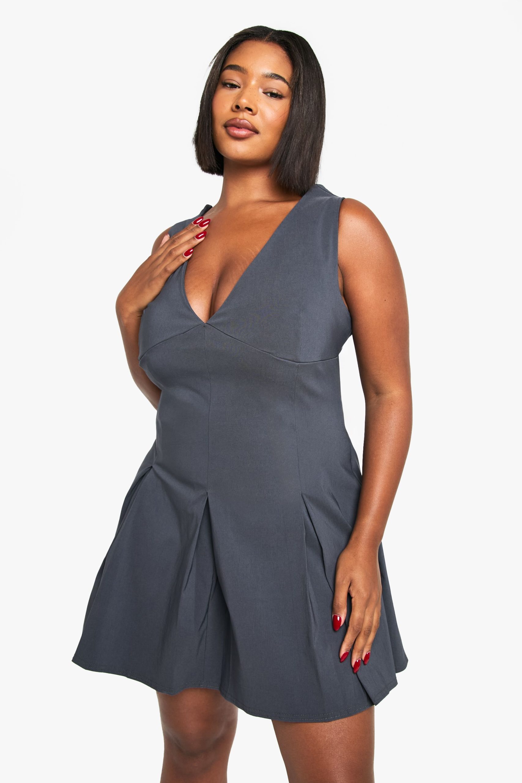 Plus Bengaline Plunge Pleated Skirt Mini Dress