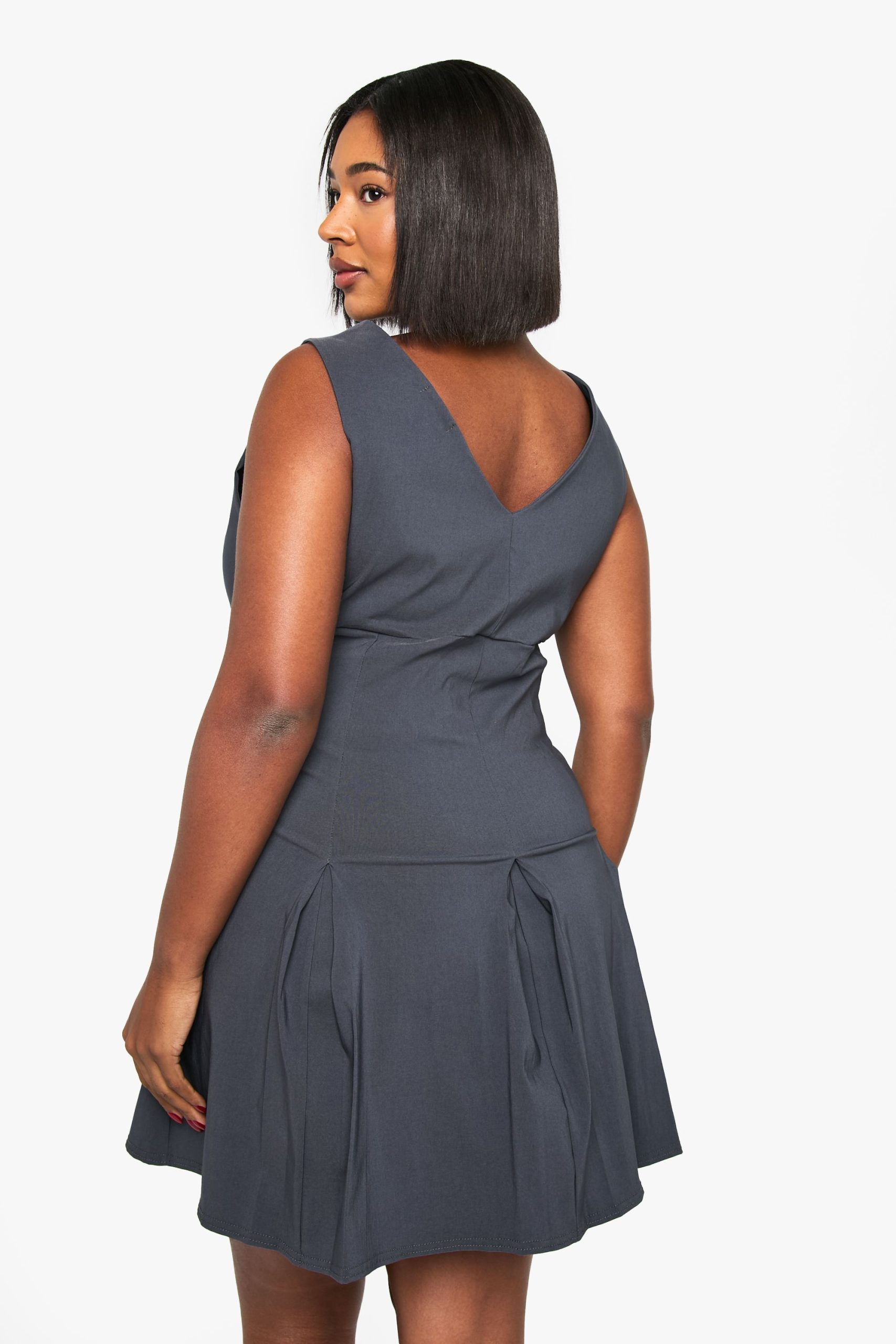 Plus Bengaline Plunge Pleated Skirt Mini Dress - Image 2