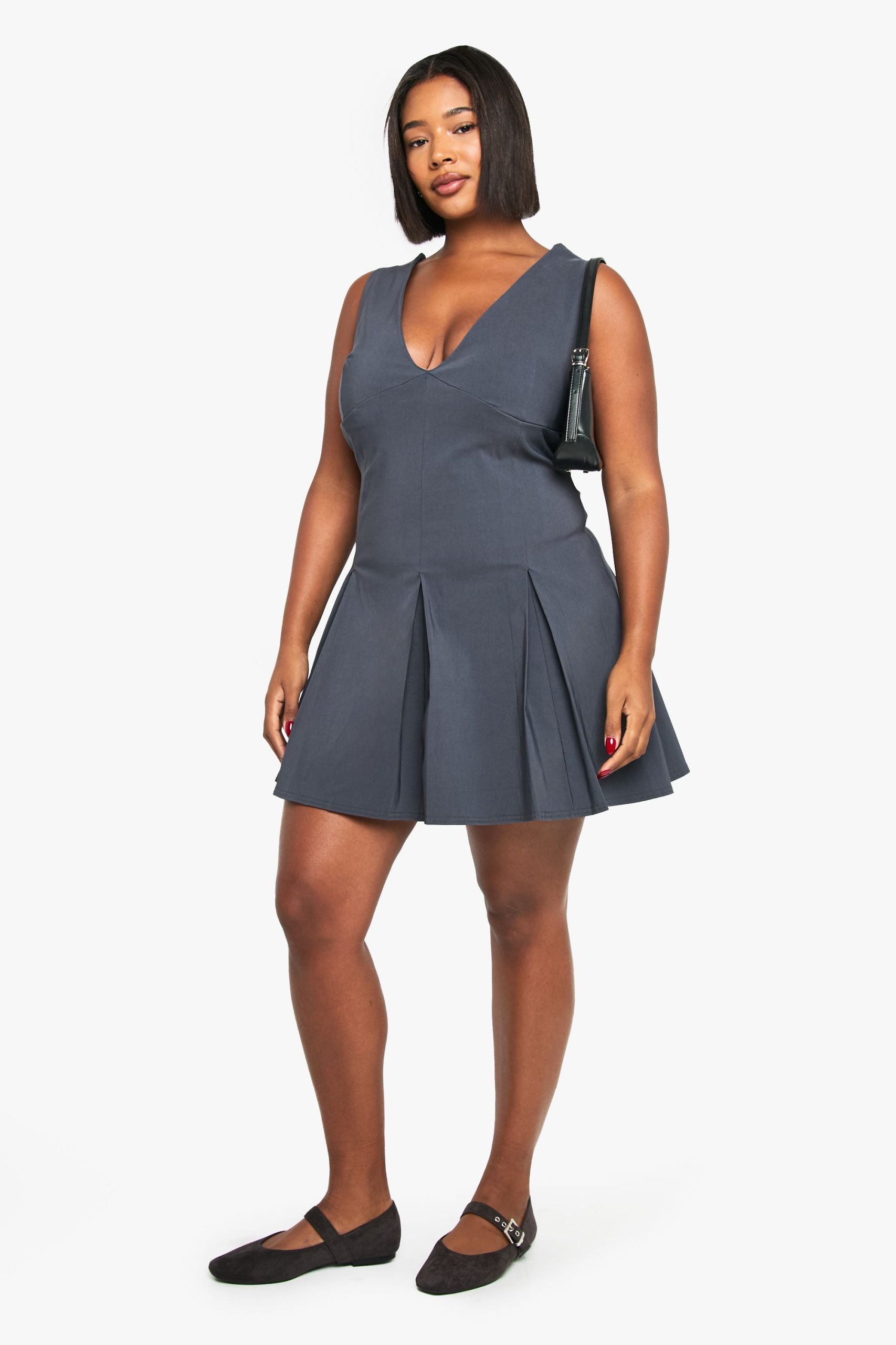 Plus Bengaline Plunge Pleated Skirt Mini Dress - Image 3