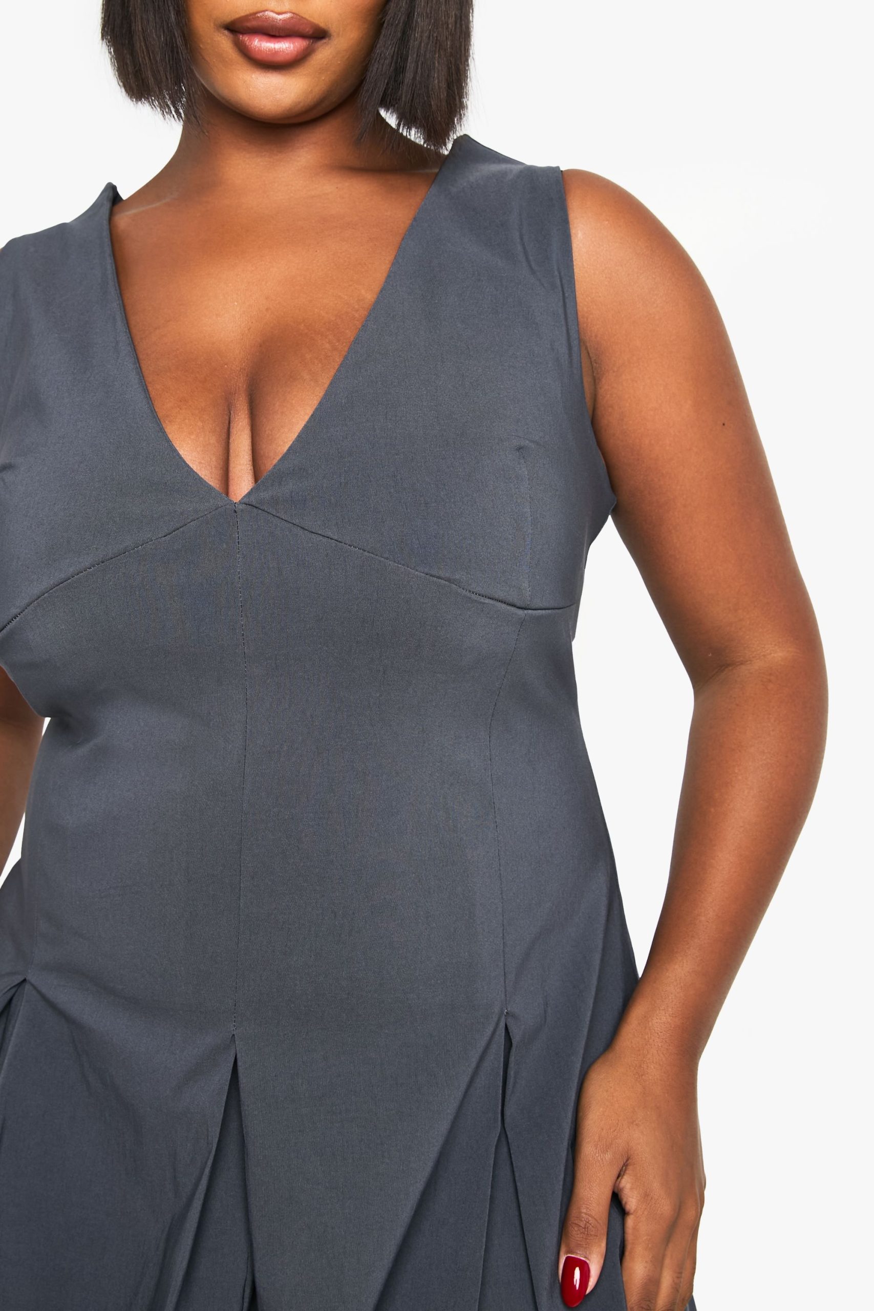 Plus Bengaline Plunge Pleated Skirt Mini Dress - Image 4