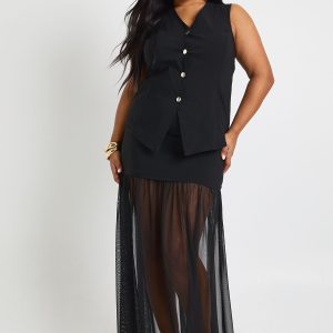 Plus Gold Button Waistcoat And Mesh Insert Skirt Co-Ord
