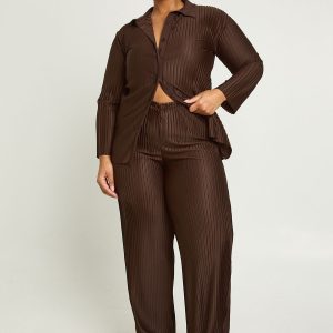 Plus Plisse Long Sleeve Shirt And Wide Leg Trouser