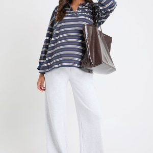 Maternity Striped Heavy Cotton Button Detail Collared Rugby Top