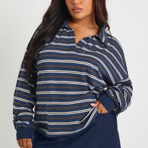 Plus Striped Heavy Cotton Button Detail Collared Rugby Top