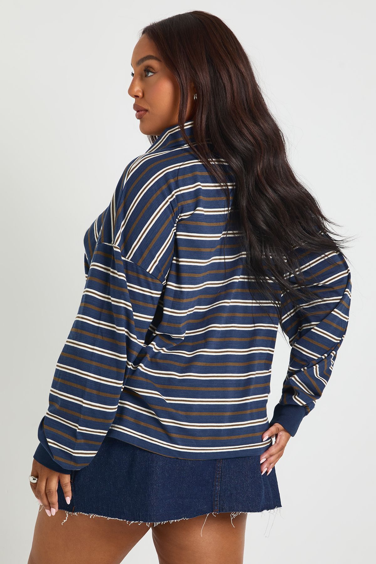 Plus Striped Heavy Cotton Button Detail Collared Rugby Top - Image 2