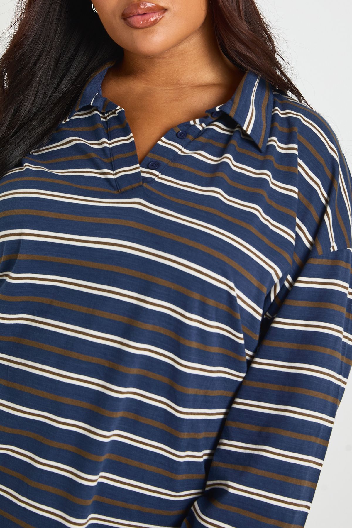 Plus Striped Heavy Cotton Button Detail Collared Rugby Top - Image 4