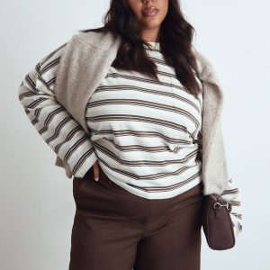 Plus Striped Cotton Pocket Front Long Sleeve Top