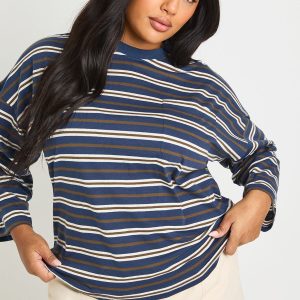 Plus Striped Cotton Pocket Front Long Sleeve Top