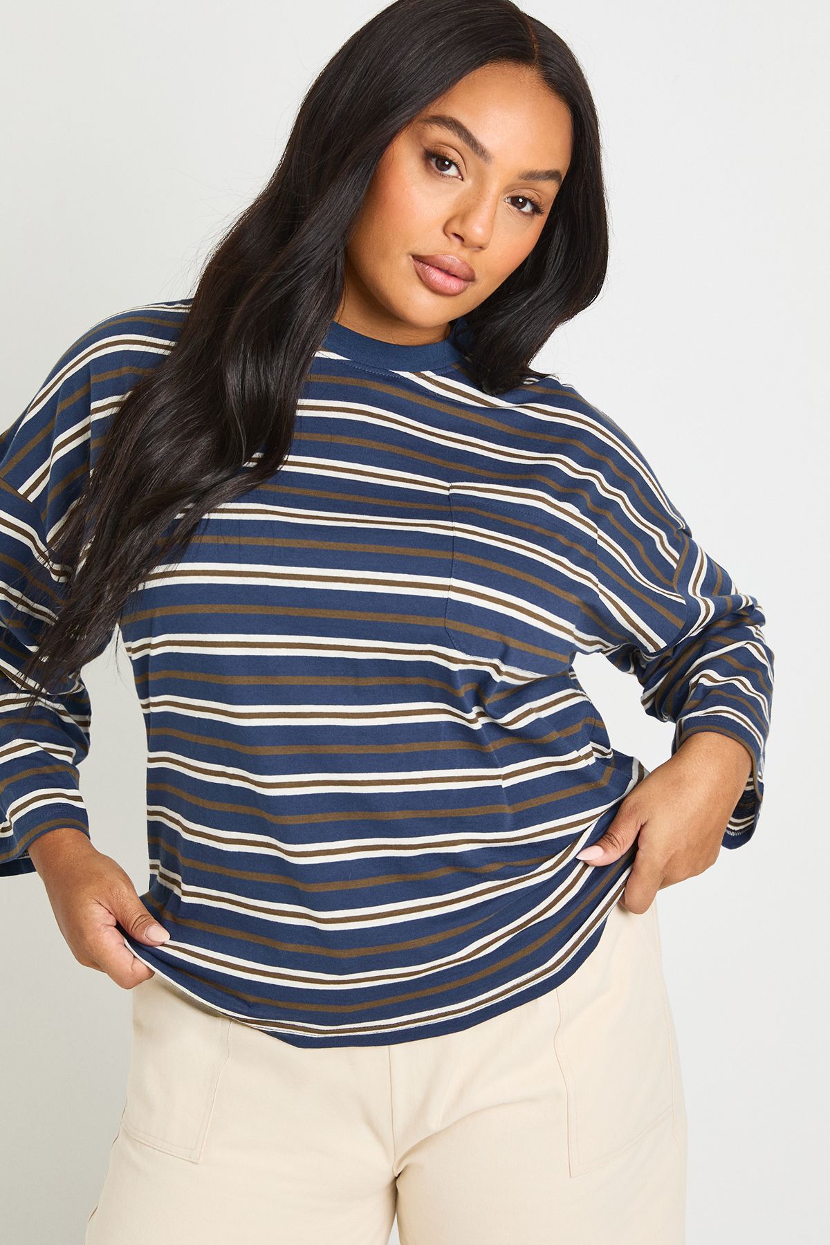 Plus Striped Cotton Pocket Front Long Sleeve Top