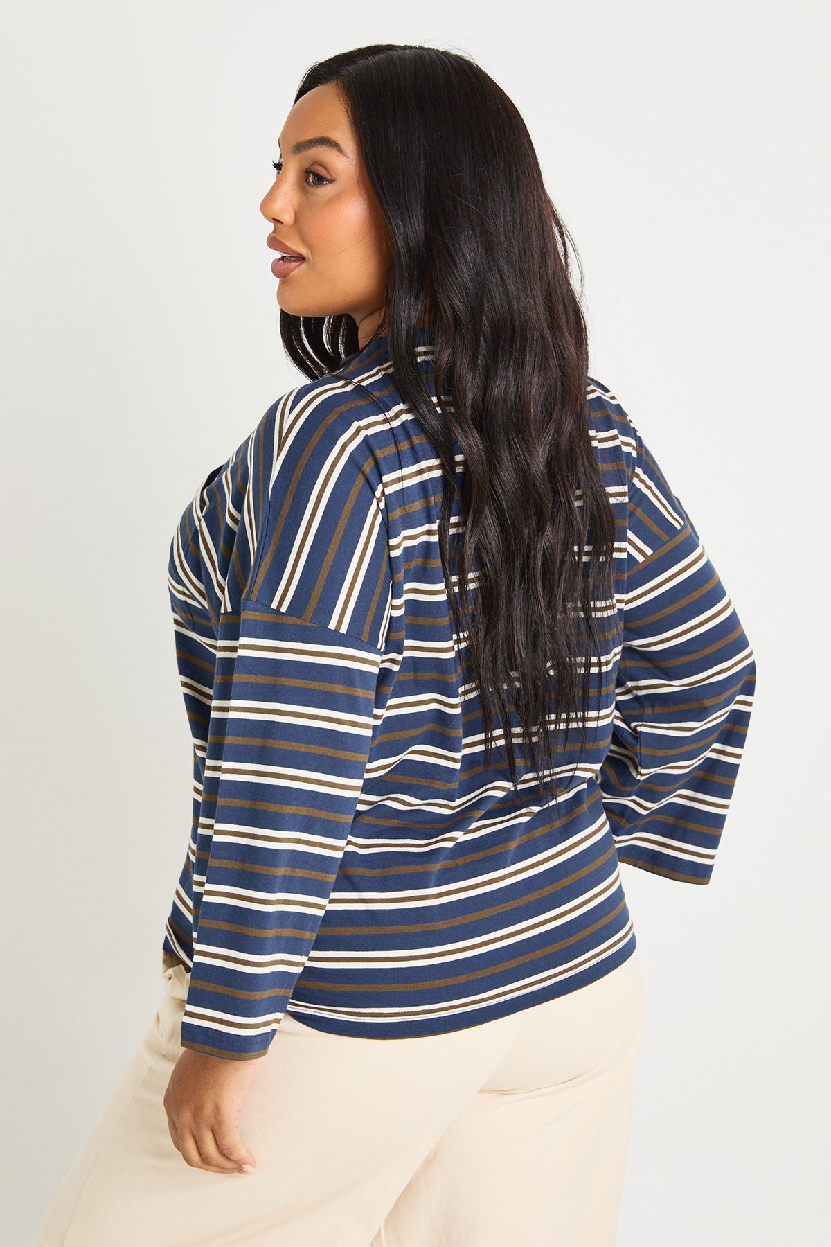 Plus Striped Cotton Pocket Front Long Sleeve Top - Image 2
