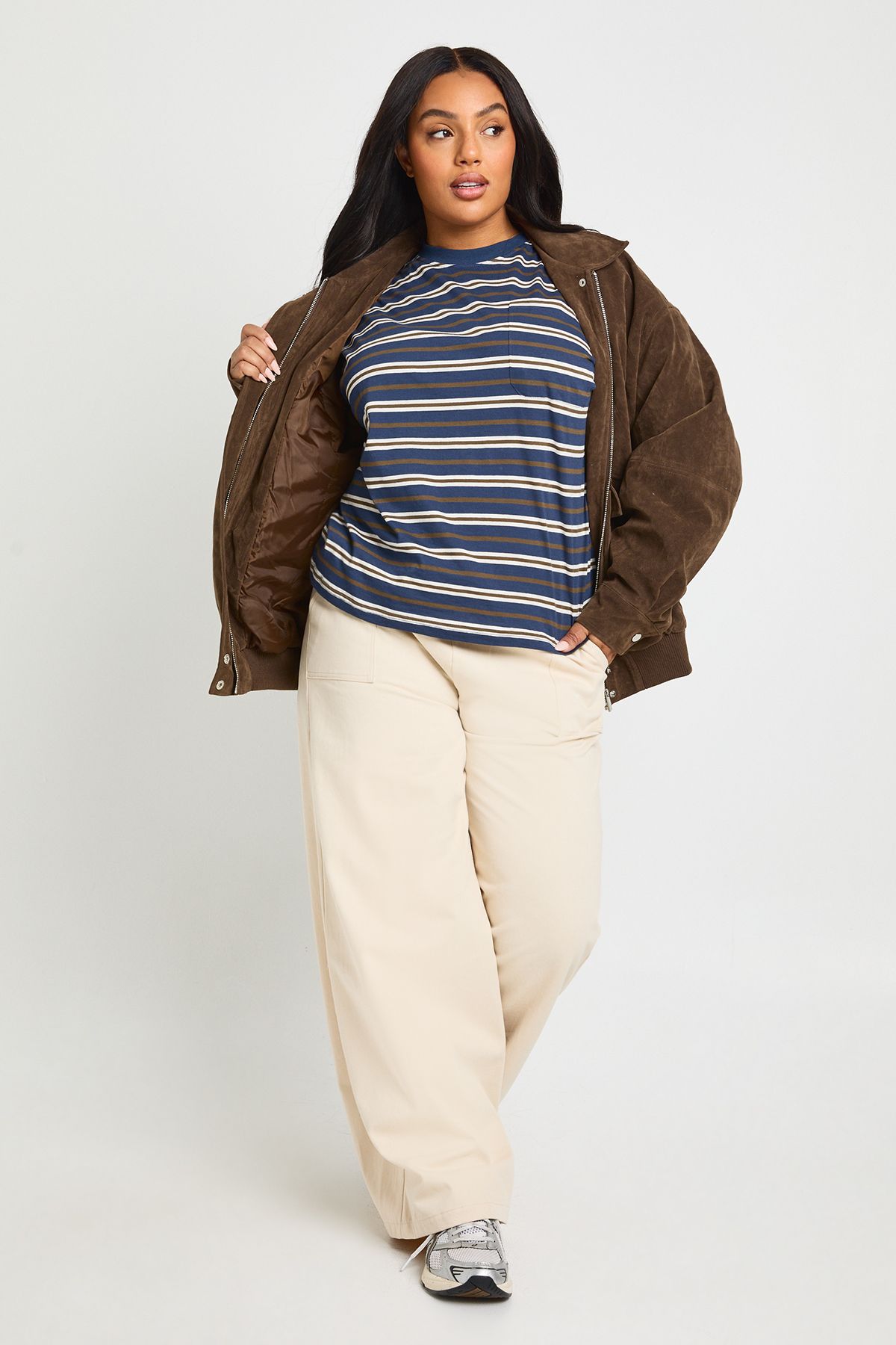 Plus Striped Cotton Pocket Front Long Sleeve Top - Image 3