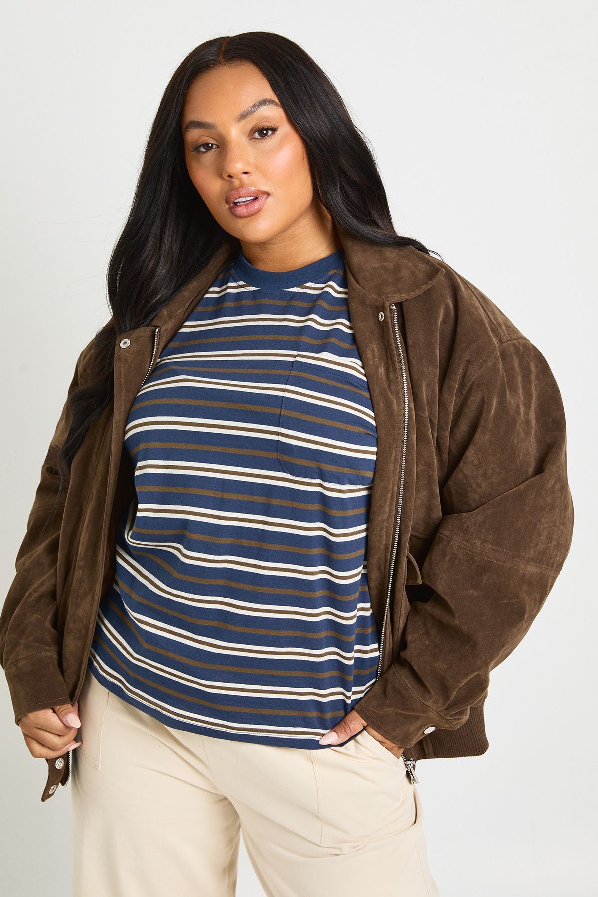 Plus Striped Cotton Pocket Front Long Sleeve Top - Image 4