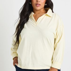 Plus Heavy Cotton Button Detail Collared Rugby Top