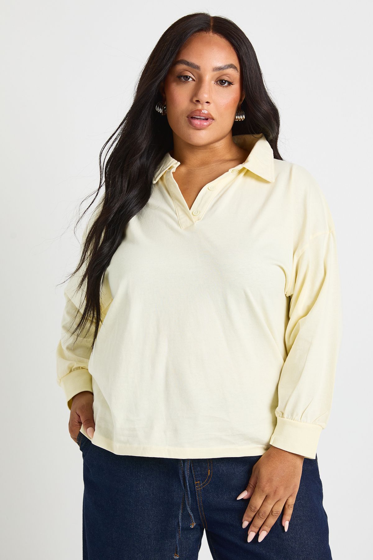Plus Heavy Cotton Button Detail Collared Rugby Top