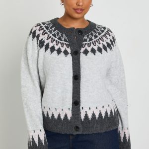 Plus Fairisle Knit High Neck Cardigan