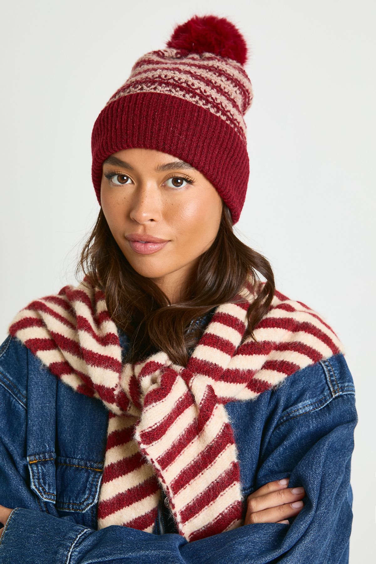 Striped Pom Pom Knitted Beanie