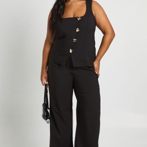 Plus Asymmetric Gold Trim Detail Waistcoat And Wide Leg Tailored Trouser Co Ord