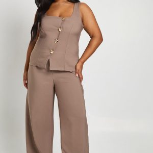 Plus Asymmetric Gold Trim Detail Waistcoat And Wide Leg Tailored Trouser Co Ord