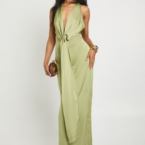 Satin Halter Neck Plunge Drape Detail Maxi Dress