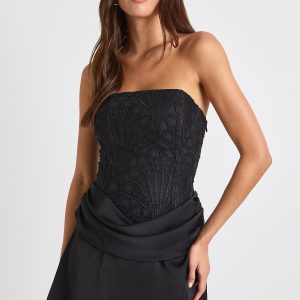 Textured Sheer Floral Lace Corset Drape Mini Dress