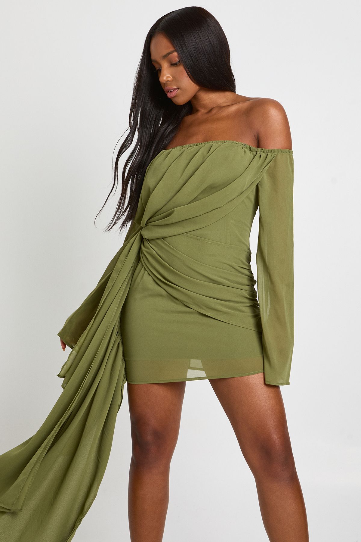 Chiffon Bardot Ruched Mini Dress