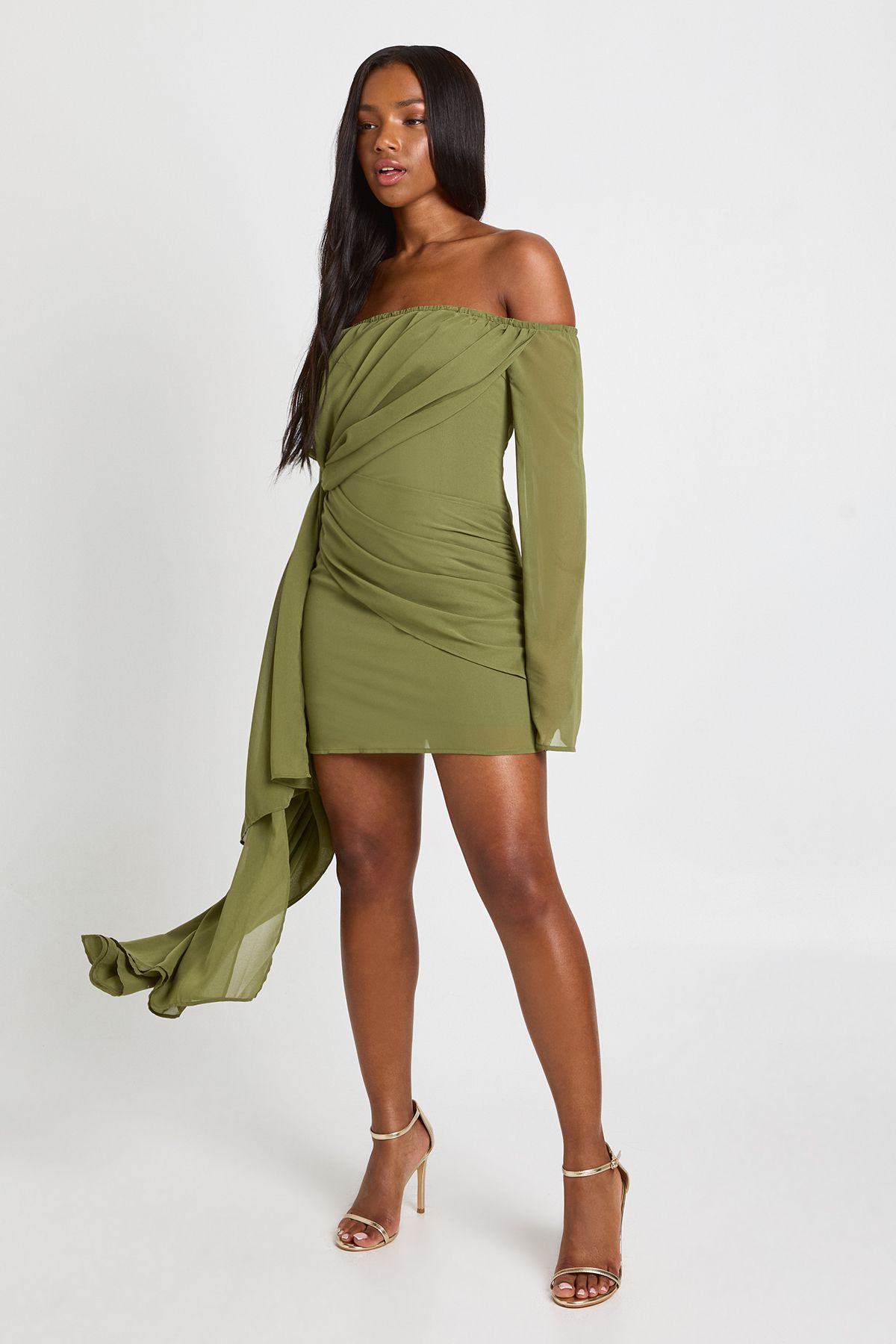Chiffon Bardot Ruched Mini Dress - Image 2