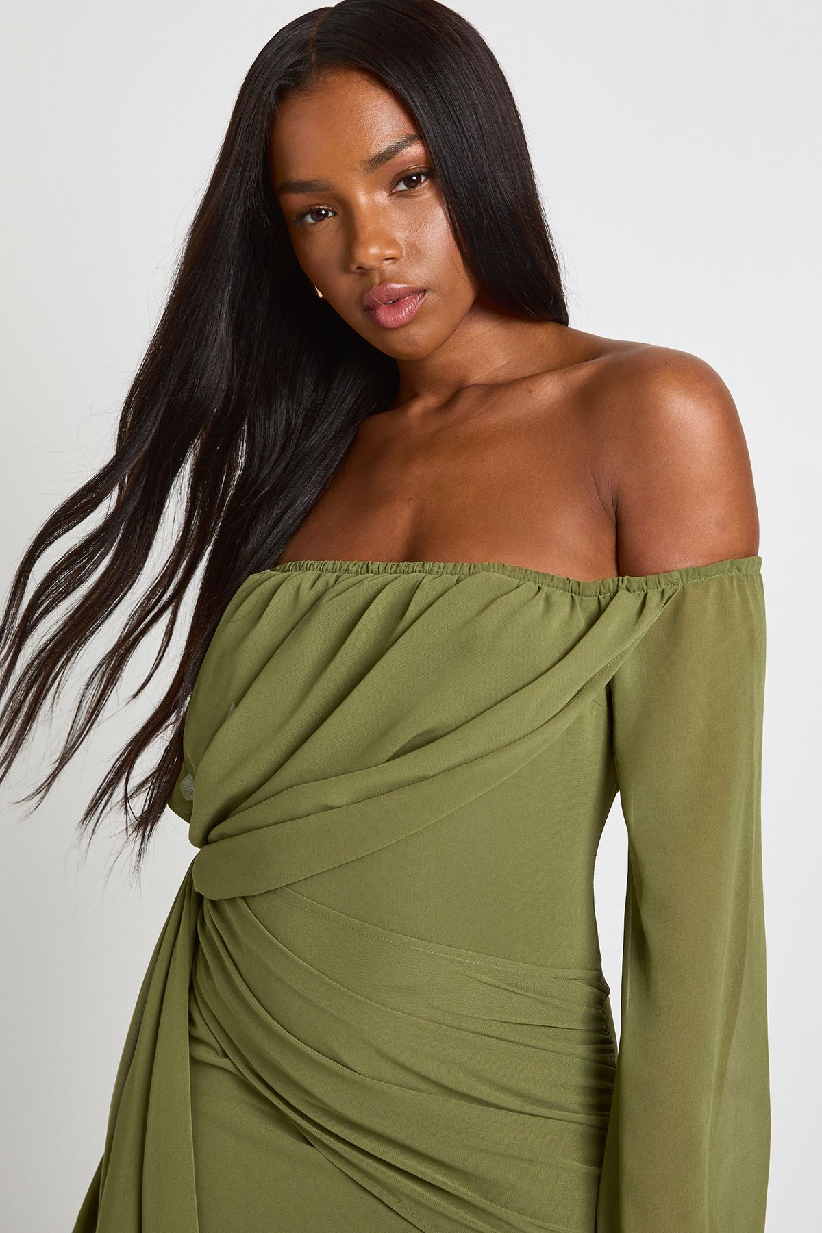 Chiffon Bardot Ruched Mini Dress - Image 3