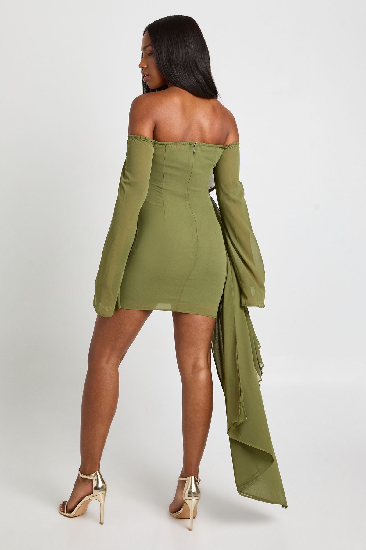 Chiffon Bardot Ruched Mini Dress - Image 4