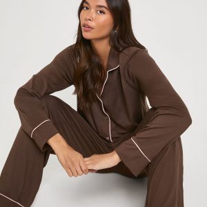 Jersey Piping Detail Long Sleeve Shirt & Trousers Pyjama Set