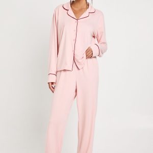 Jersey Piping Detail Long Sleeve Shirt & Trousers Pyjama Set